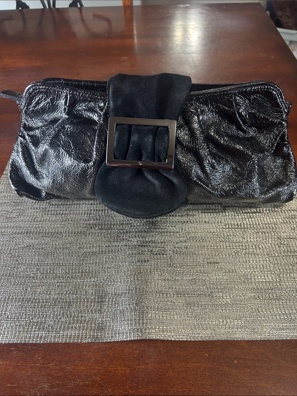 bebe Black Patent Frame Clutch with Buckle Accent